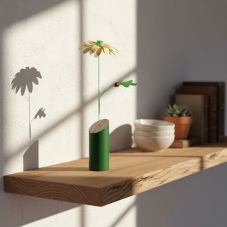 flor decorativa en jarrón de madera